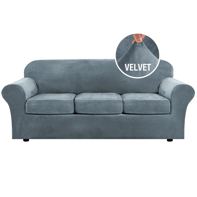 H.VERSAILTEX Modern Velvet Plush 4 Piece High Stretch Sofa Slipcover Sofa Cover Furniture Protector Form Fit Luxury Thick Velvet Sofa Cover for 3 Cushion Couch Width Up to 90 Inch (Sofa,Stone Blue) - Image 1